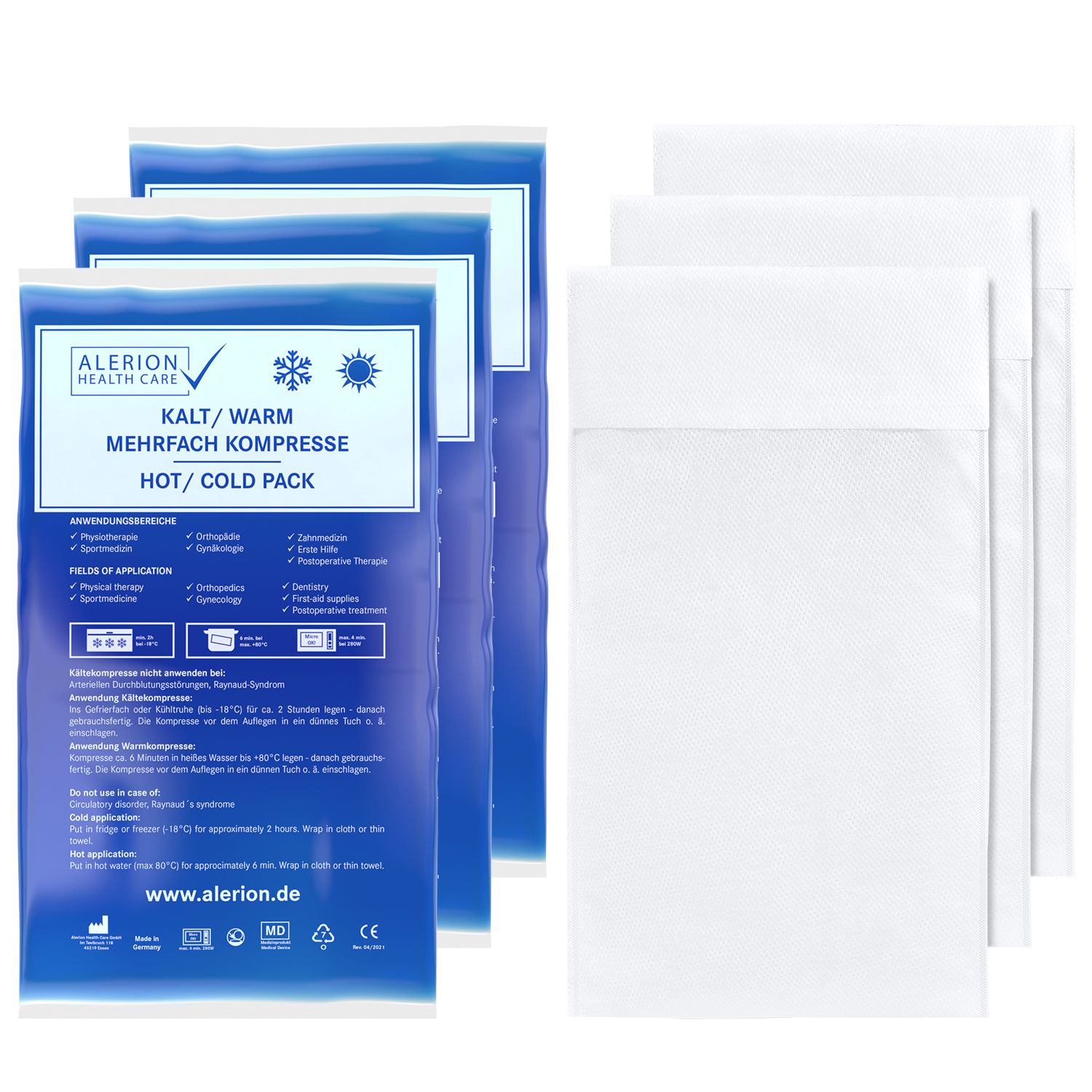 Mehrfach Kompressen mit Vlieshüllen. Blaue Verpackung mit Produktinformationen und Logo. Weiße Vlieshüllen daneben.