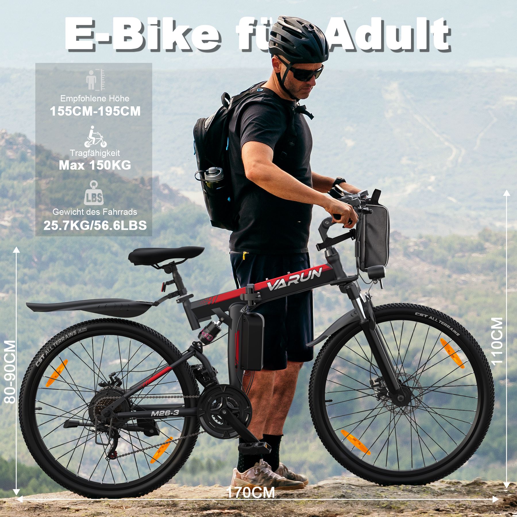 E-Bike für Erwachsene. Empfohlene Körpergröße 155-195cm, max. 150kg, Gewicht 25,7/56,6lbs. Abmessungen.