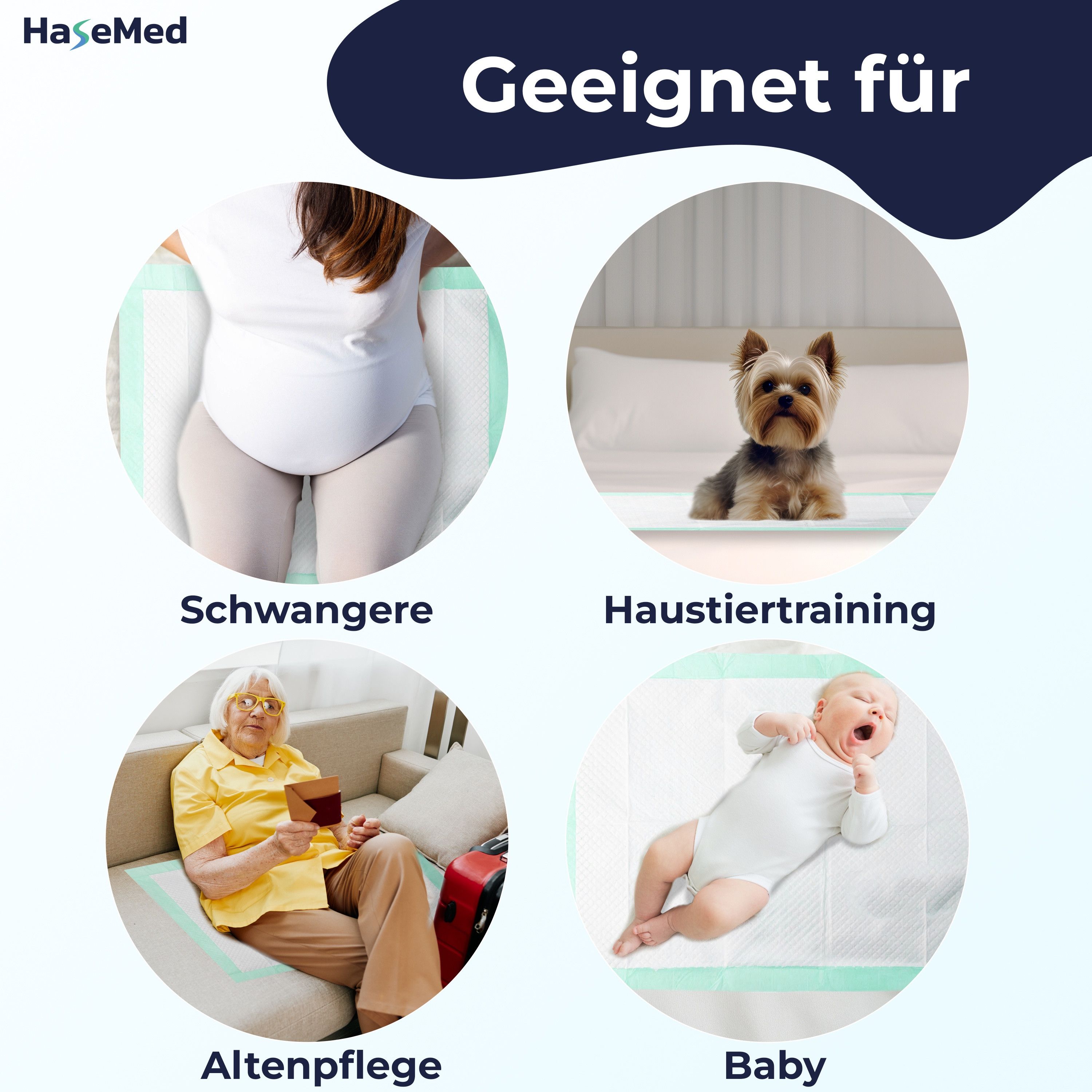 HaseMed Bettschutzunterlagen. Geeignet für: Schwangere, Haustiertraining, Altenpflege, Baby. Illustrationen.