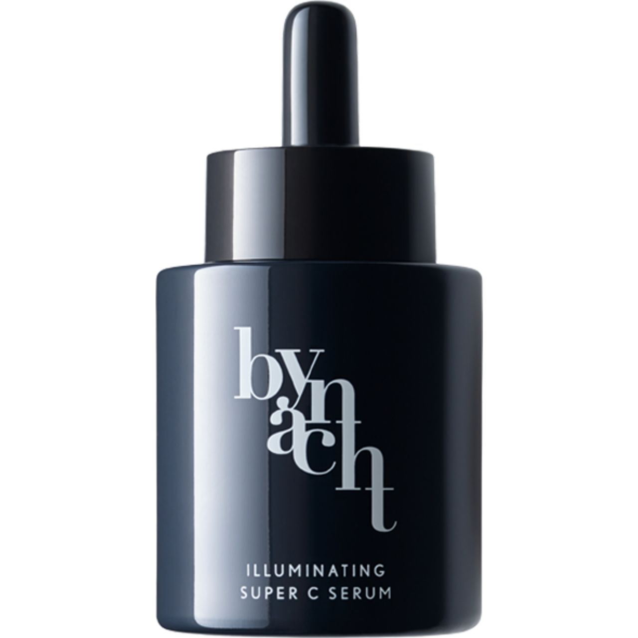 Dunkelblaue Flasche mit schwarzem Deckel und Pipette. Silberfarbener Schriftzug Bynacht und Produktbezeichnung "Illuminating Super C Serum".
