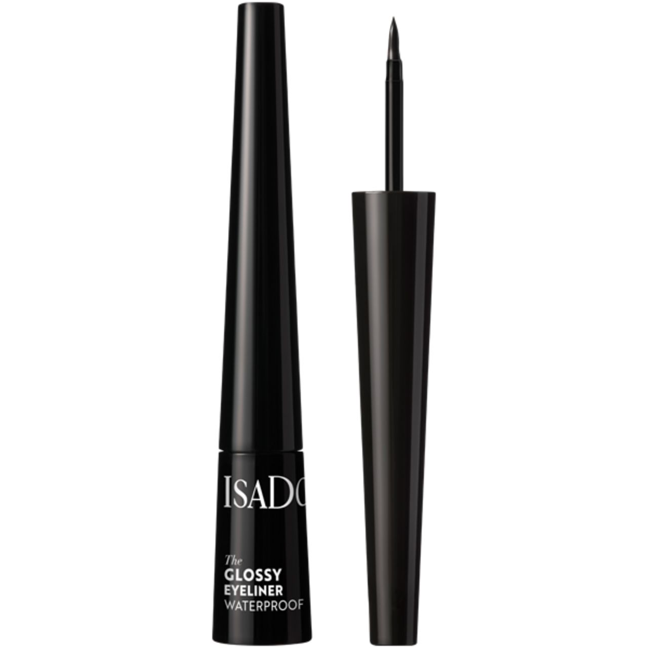Schwarzer Eyeliner von IsaDora. Flasche und Applikator. Aufschrift: The Glossy Eyeliner Waterproof.