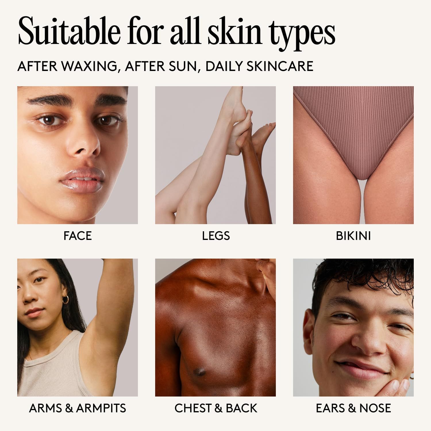 Bilder von Gesichtern, Beinen, Bikinis, Armen, Brust und Rücken, Ohren und Nase. Text: Geeignet für alle Hauttypen. Nach dem Wachsen, nach der Sonne, tägliche Hautpflege.