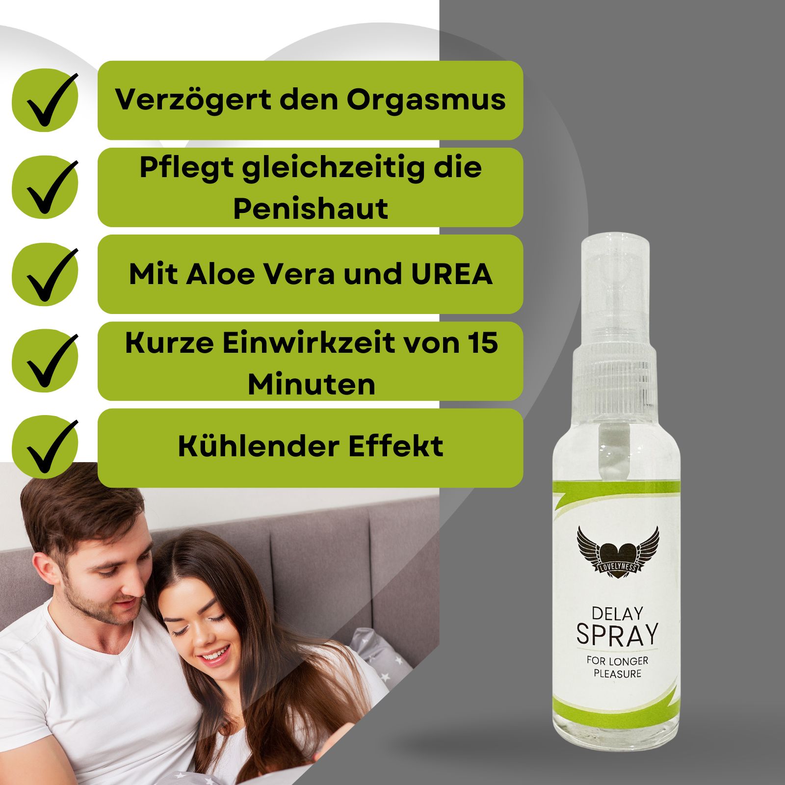 Sprayflasche mit grünem Etikett. Text: Delay Spray. Aloe Vera, Eiswürfel, Glasbehälter. Text: Mit Aloe Vera und Urea, pflegt und kühlt.