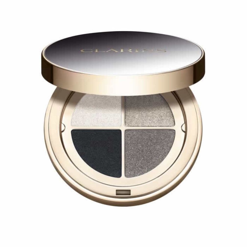 Runde, goldfarbene Lidschatten-Palette mit vier Farben. Deckel geöffnet. Marke Clarins sichtbar.