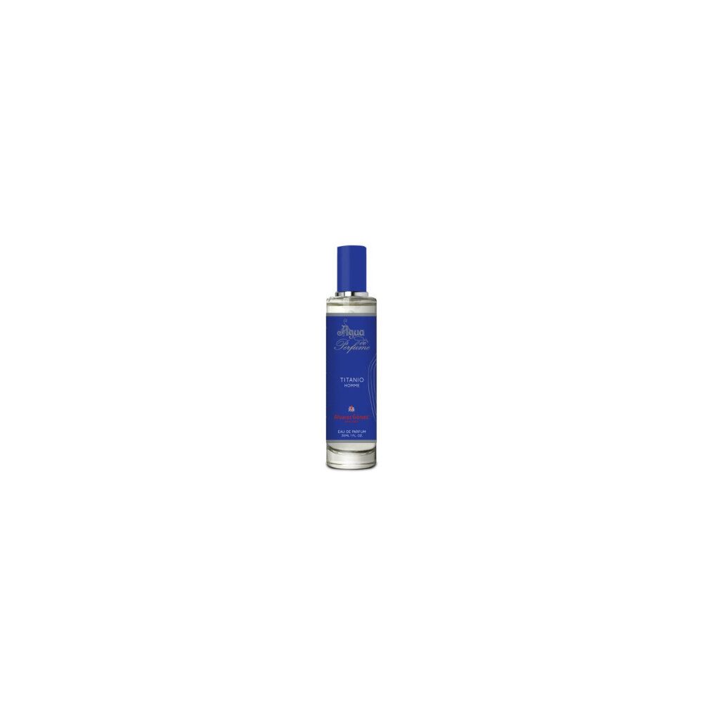 Parfümflasche mit blauem Etikett. Aufschrift: Agua Perfume, Titanio Homme, Alvarez Gómez. Eau de Parfum.