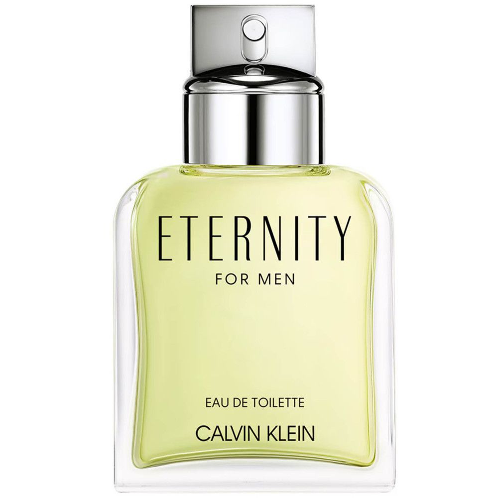 Eckiger Flakon mit silbernem Verschluss. Aufschrift: ETERNITY FOR MEN, Eau de Toilette, CALVIN KLEIN. Gelbliche Flüssigkeit sichtbar.