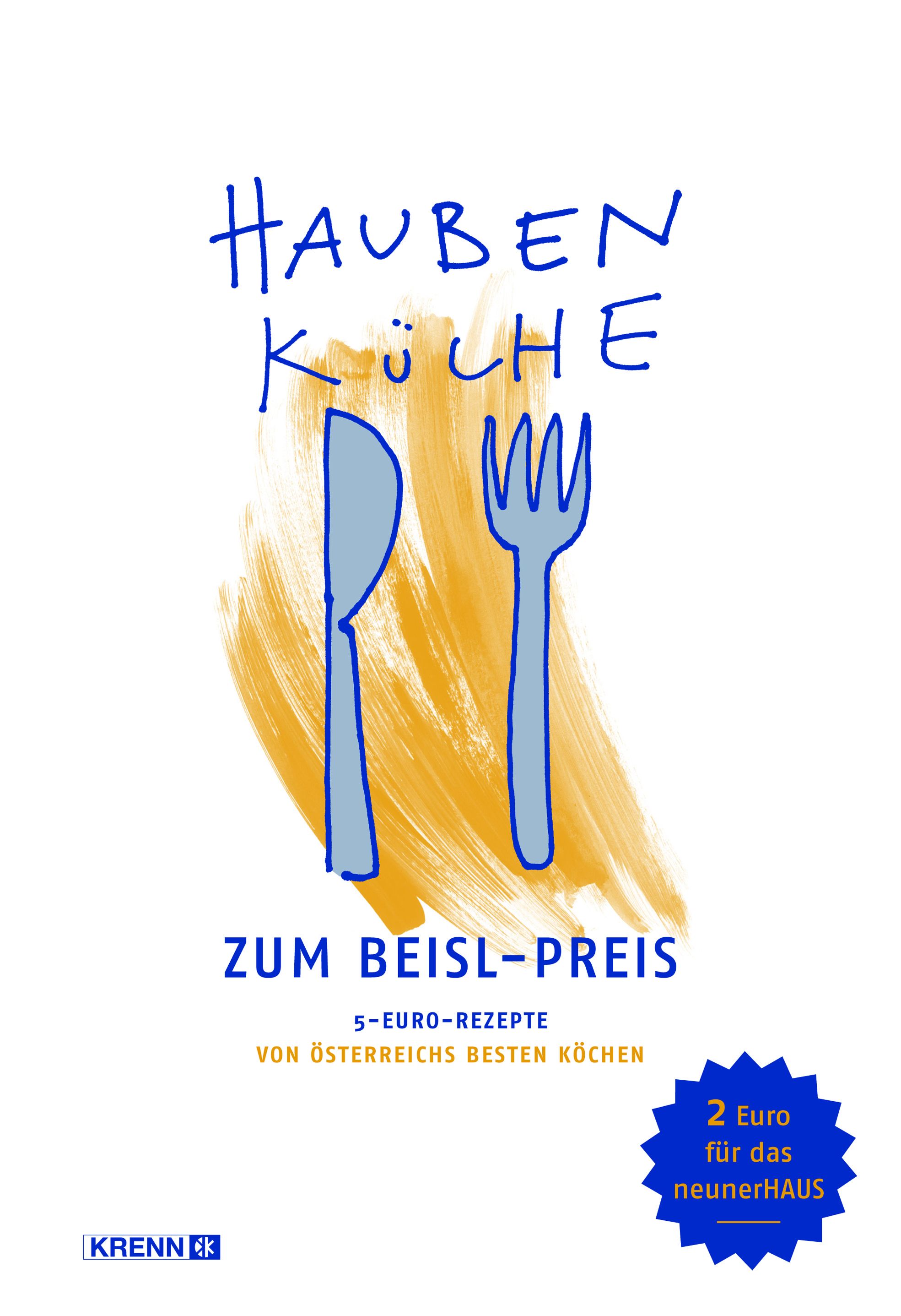 Buchcover mit blauem Schriftzug "Haubenküche" und Besteck-Illustration. Text: "Zum Beisl-Preis". Logo: Krenn.