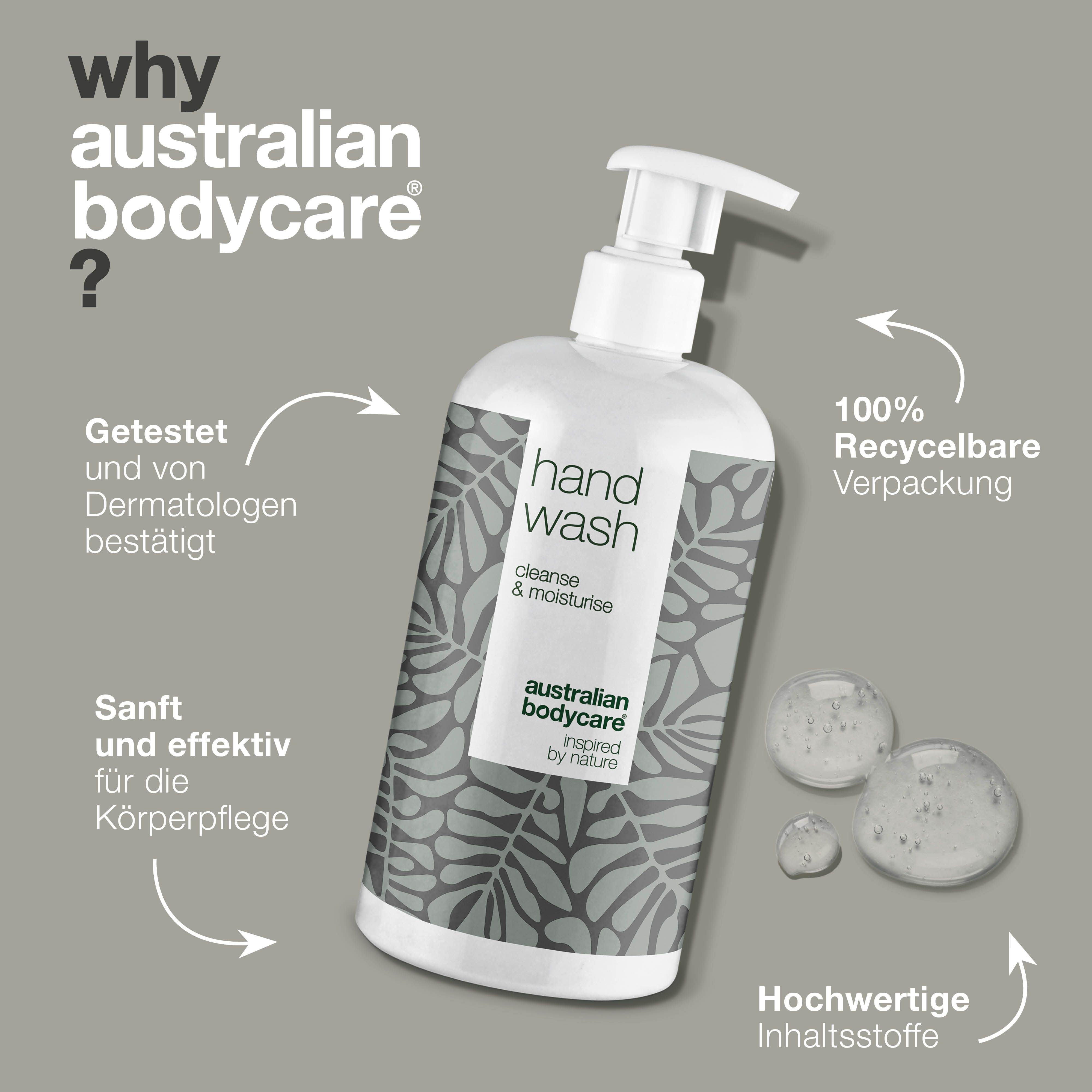 Handseifenflasche. Aufschrift: Hand Wash, cleanse & moisturise. Logo: Australian Bodycare. Text: Getestet und von Dermatologen bestätigt.