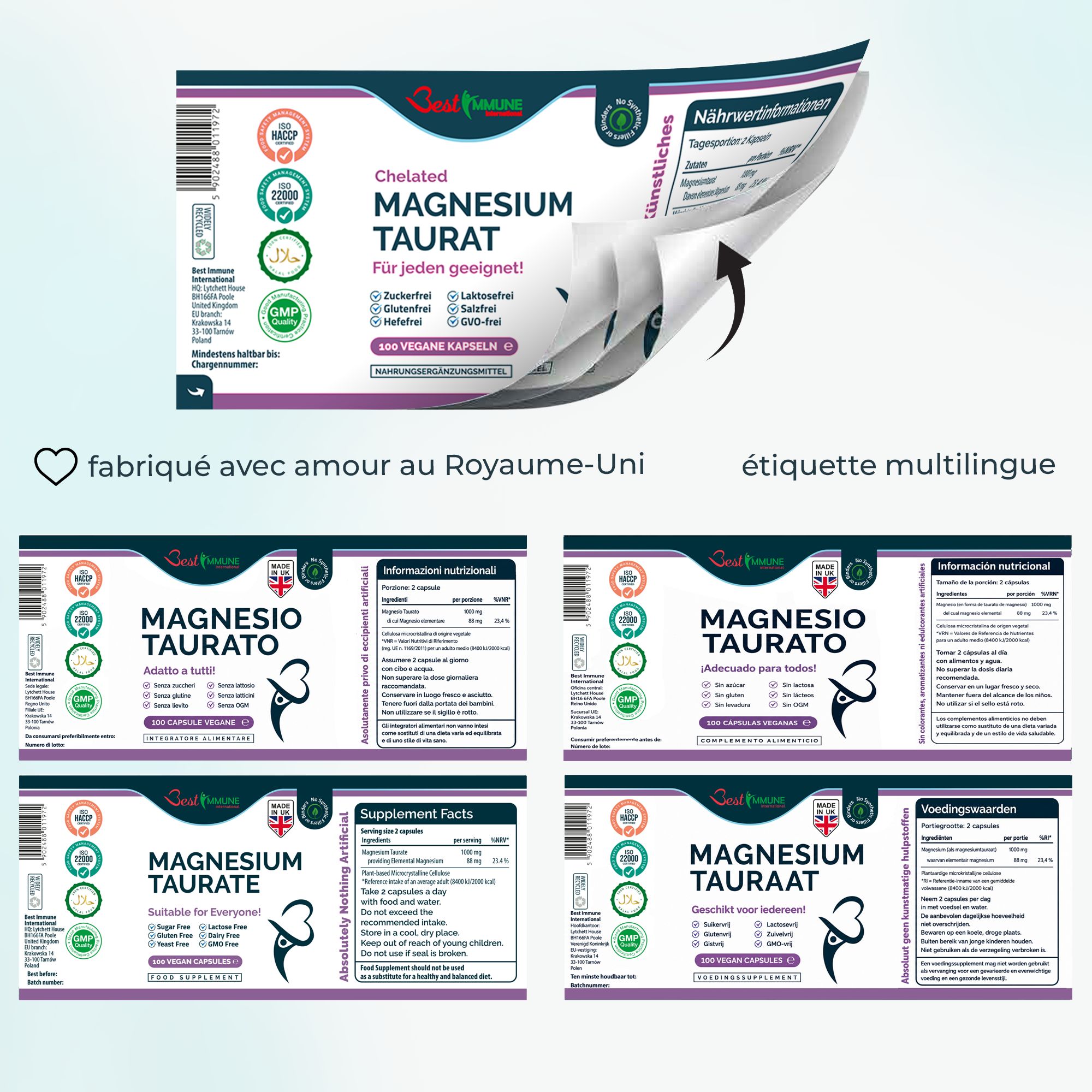 Mehrsprachige Etiketten für Magnesium Taurat, hergestellt in Großbritannien, mit verschiedenen Zertifizierungen.