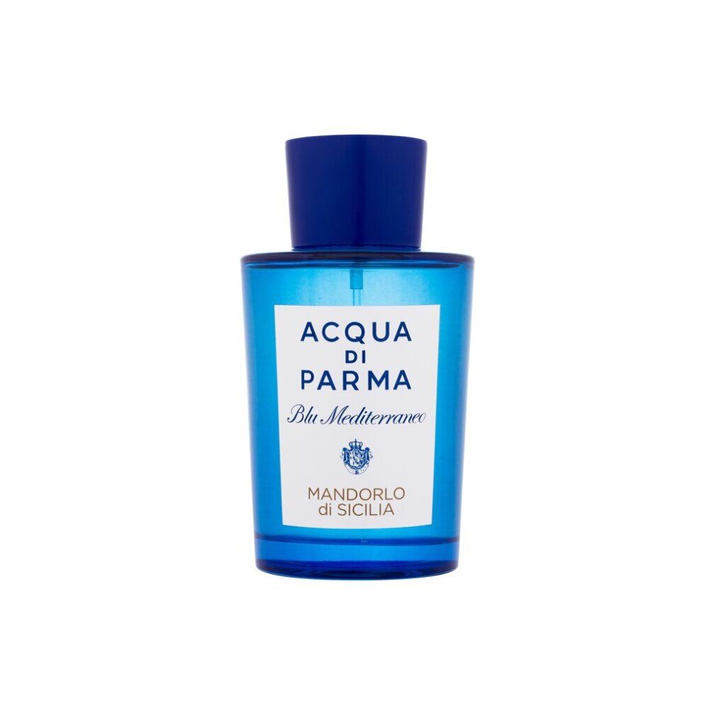 Blaues Parfümflakon mit weißem Etikett. Aufschrift: ACQUA DI PARMA Blu Mediterraneo Mandorlo di Sicilia.