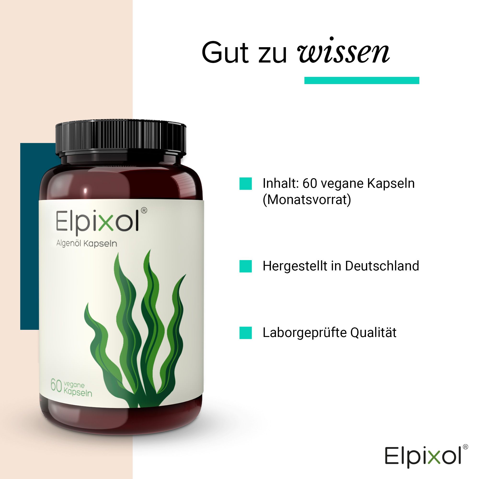 Braune Flasche mit weißem Etikett. Aufschrift: Elpixol Algenöl Kapseln. 60 vegane Kapseln. Text über Inhaltsstoffe und Qualität.