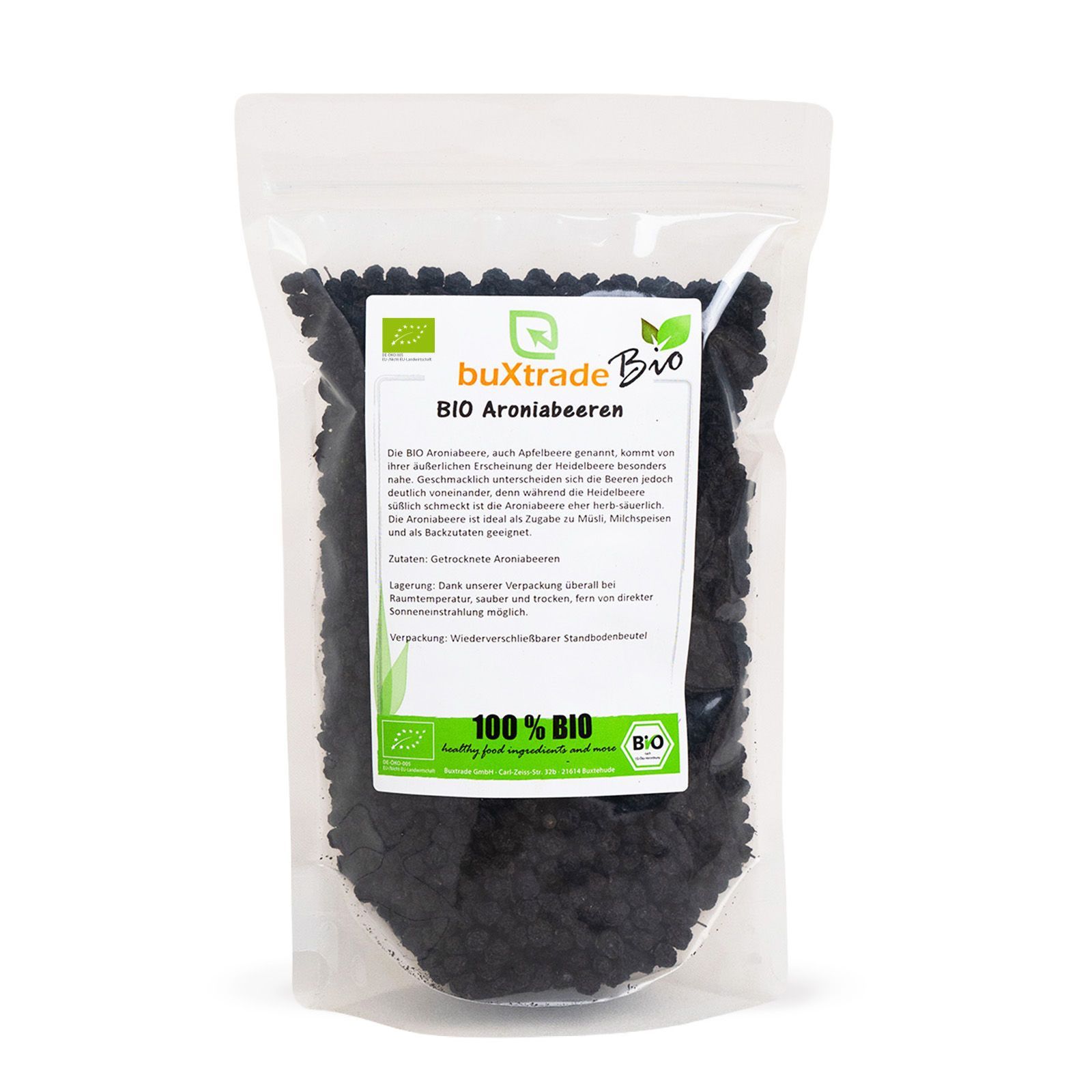 Verpackung mit getrockneten BIO Aroniabeeren, mit Bio-Siegel.