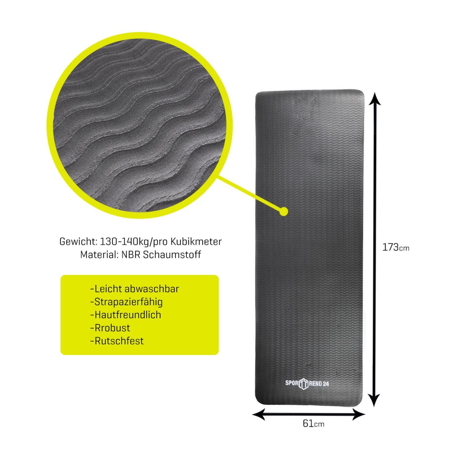 Graue Fitnessmatte mit Wellenmuster. Maße: 173x61cm. Mit gelbem Infokasten: abwaschbar, strapazierfähig, hautfreundlich, robust, rutschfest.