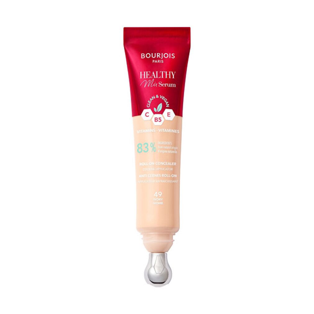 Flüssiger Abdeckstift. Marke Bourjois. Farbton 49-Elfenbein. Rote Tube mit Schriftzug Healthy Mix Serum. Enthält Vitamin C & E.