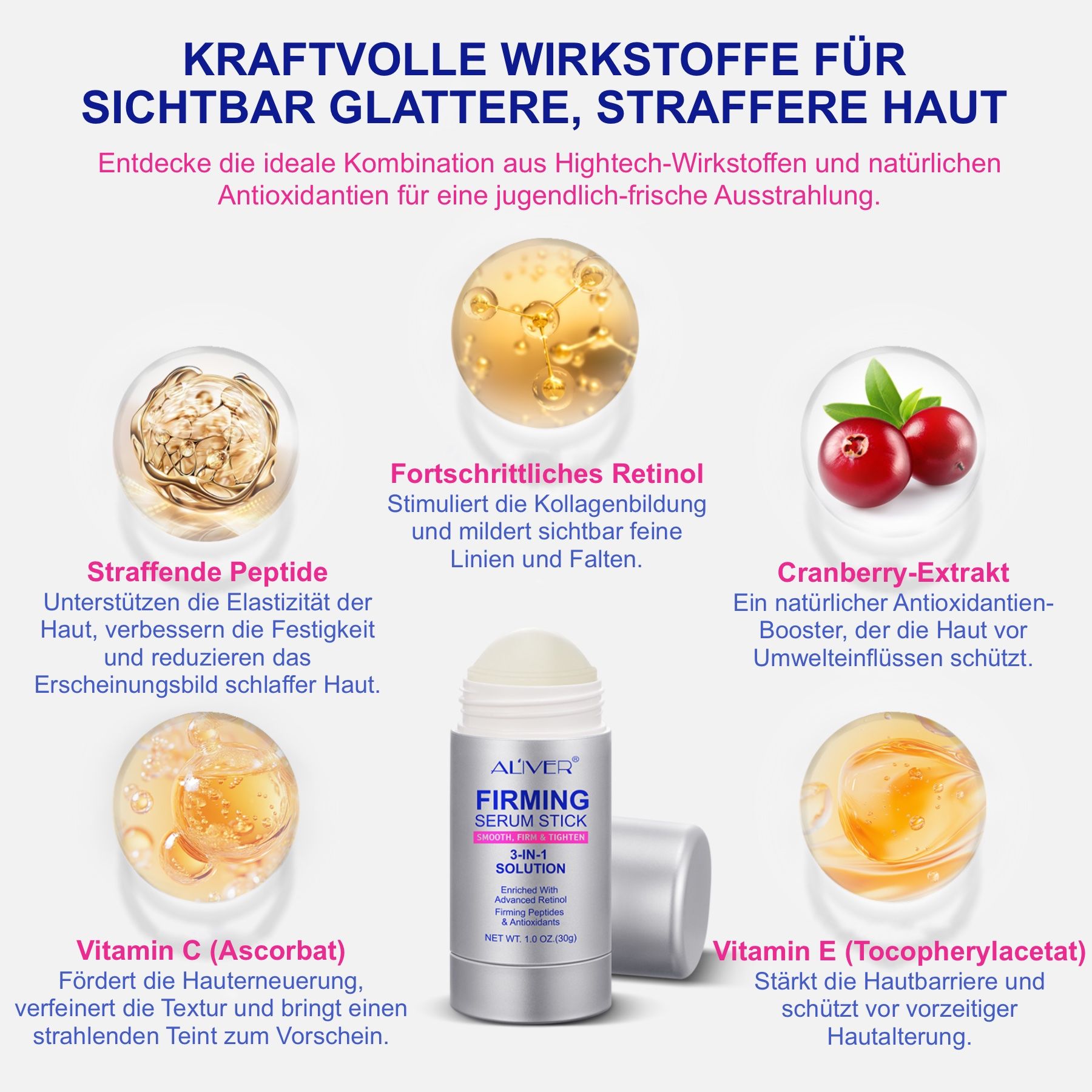 ALIVER Firming Serum Stick und Abbildungen von Inhaltsstoffen: Retinol, Peptide, Cranberry-Extrakt, Vitamin C, Vitamin E.