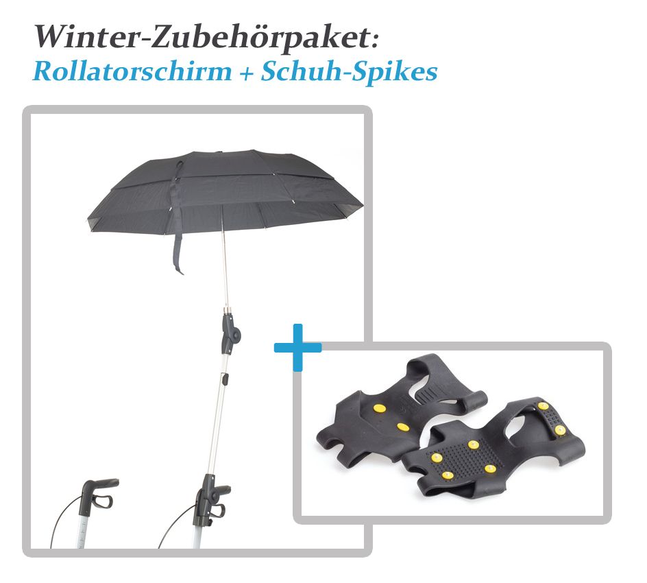 Rollatorschirm und Schuh-Spikes. Schwarzer Schirm an Halterung. Zwei schwarze Schuh-Spikes mit gelben Spikes.