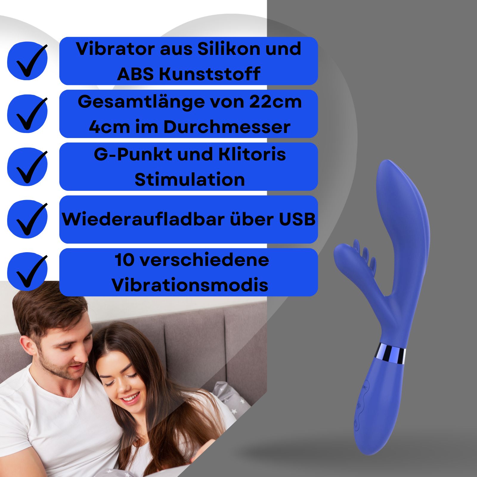 Blauer Vibrator. Silikon und ABS. 22cm lang, 4cm Durchmesser. G-Punkt und Klitoris Stimulation. 10 Modi.