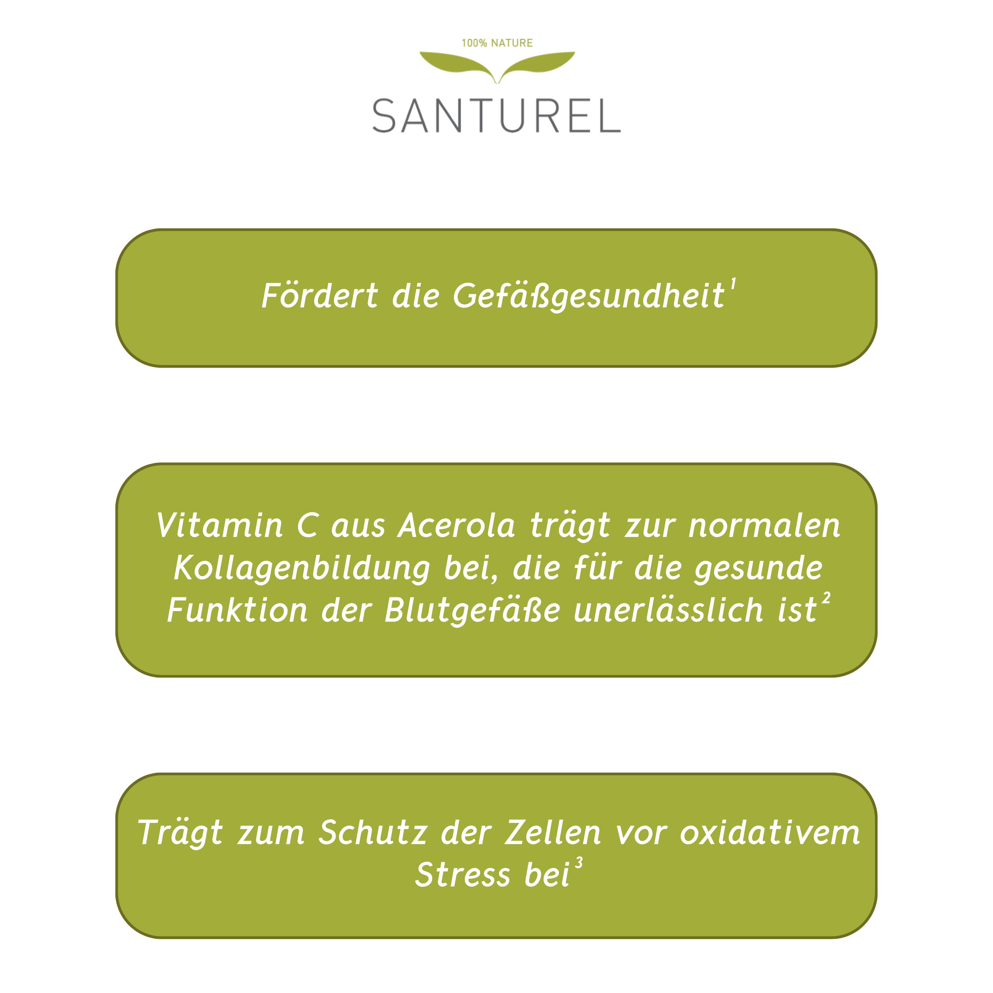 Textfelder mit Informationen über Santurel Pycnogenol® + Acerola. Fördert die Gefäßgesundheit.