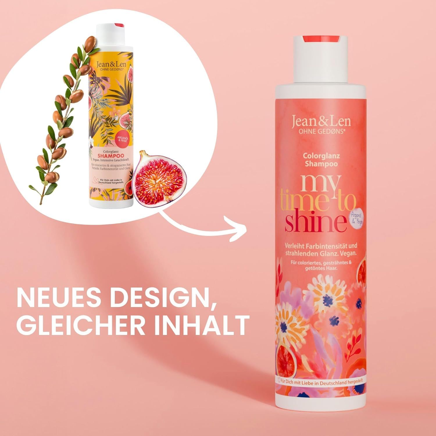 Zwei Shampoo-Flaschen, eine mit gelbem, eine mit pinkfarbenem Etikett. Text: Neues Design, gleicher Inhalt.