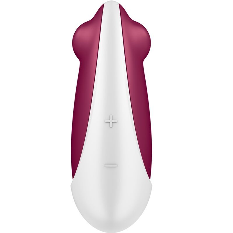 Weiß-lila Vibrator. Ovale Form mit weißer Mitte und lila Seiten. Plus- und Minuszeichen auf der Vorderseite.