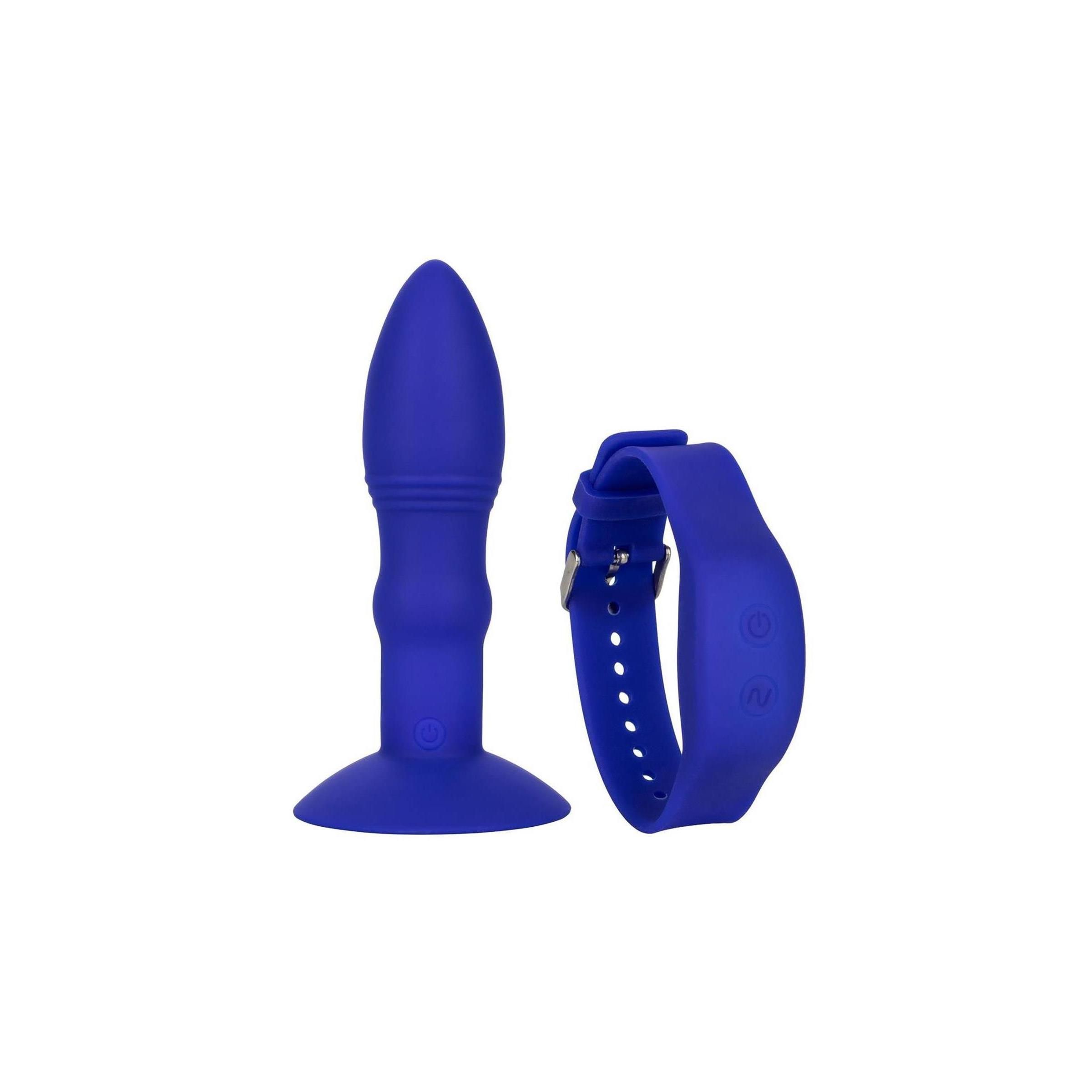 Blauer Anal-Stimulator und Armband-Fernbedienung. Stimulator: Kegelförmiger Kopf, geriffelter Schaft, flache Basis.