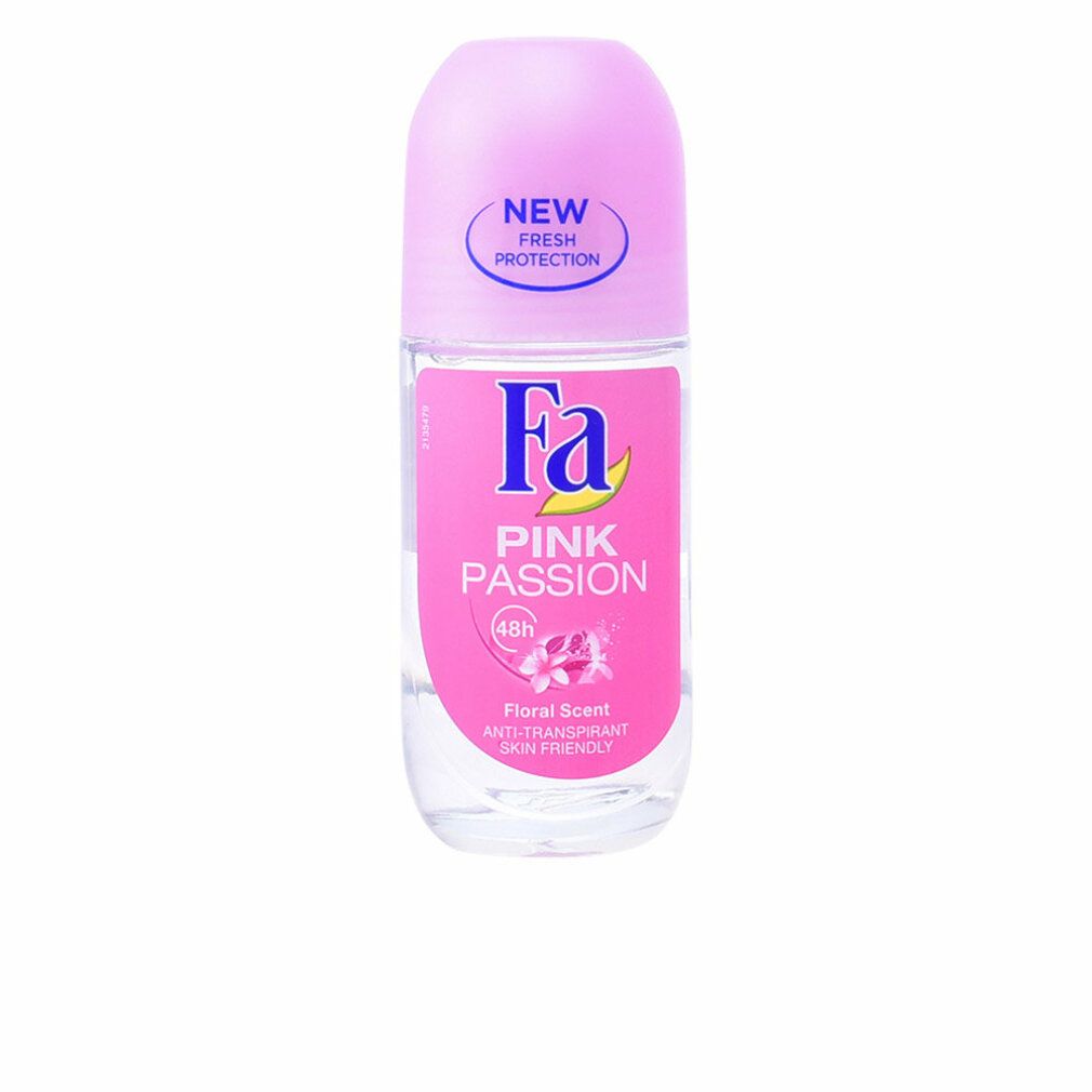 Roll-on-Deodorant. Rosa Flasche mit pinkfarbenem Deckel. Aufschrift: Fa Pink Passion, Floral Scent, 48h. Mit „New Fresh Protection“.