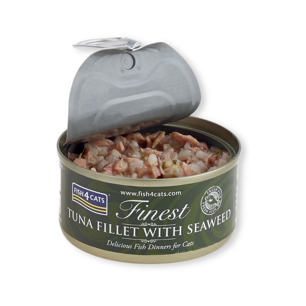 Geöffnete Dose Thunfischfilet mit Seealgen. Grüne Dose mit weißer Schrift. Marke Fish4Cats. Der Inhalt ist sichtbar.
