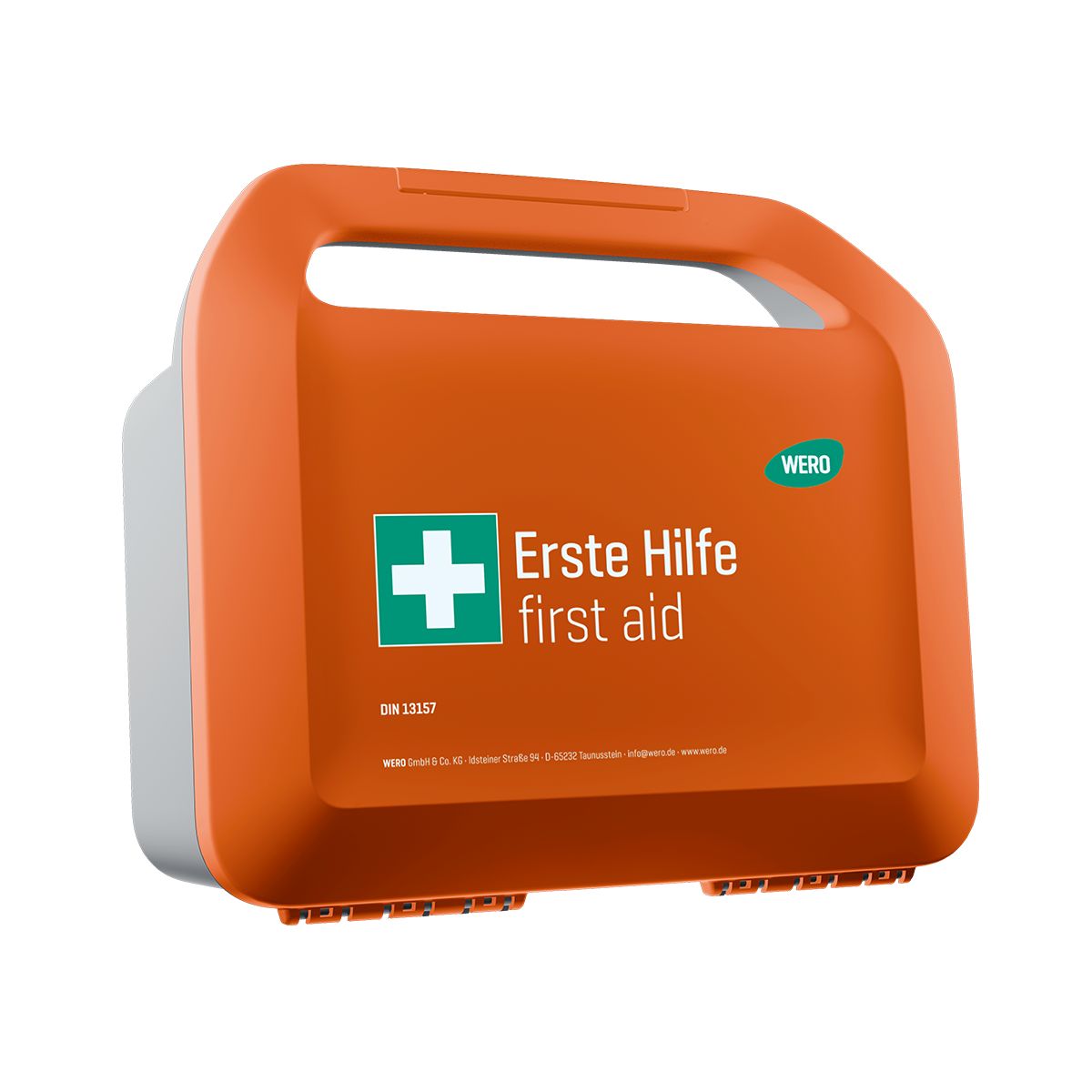 Orange Erste-Hilfe-Koffer mit grauem Gehäuse. Weißes Kreuz und Schriftzug: Erste Hilfe/first aid. Marke: WERO.