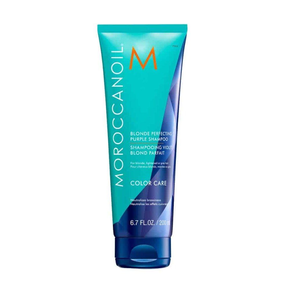 Türkisfarbene Tube mit lila Shampoo-Aufschrift. Marke Moroccanoil. Text: Blonde Perfecting Purple Shampoo. 6.7 fl.oz/200ml.