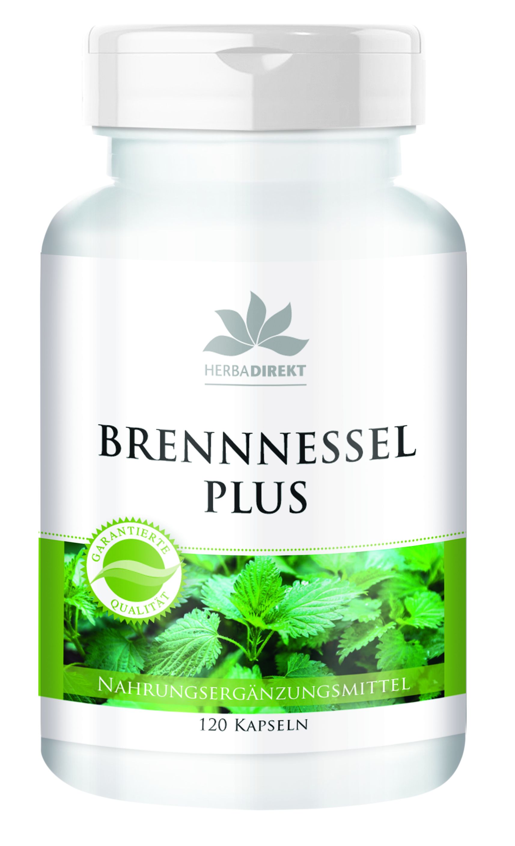 Weißes Pillenfläschchen mit grünem Etikett. Aufschrift: Brennnessel Plus. Logo: HerbaDirekt. 120 Kapseln. Siegel: Garantierte Qualität.