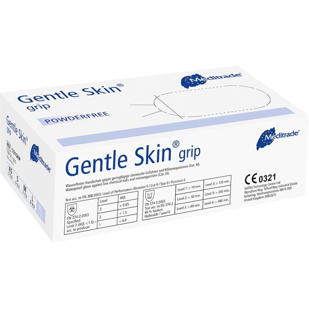 Weiße Box mit Aufschrift "Gentle Skin® grip". Logo "Meditrade". Text: "POWDERFREE". CE-Kennzeichnung. Größenangaben: XS, S, M, L.