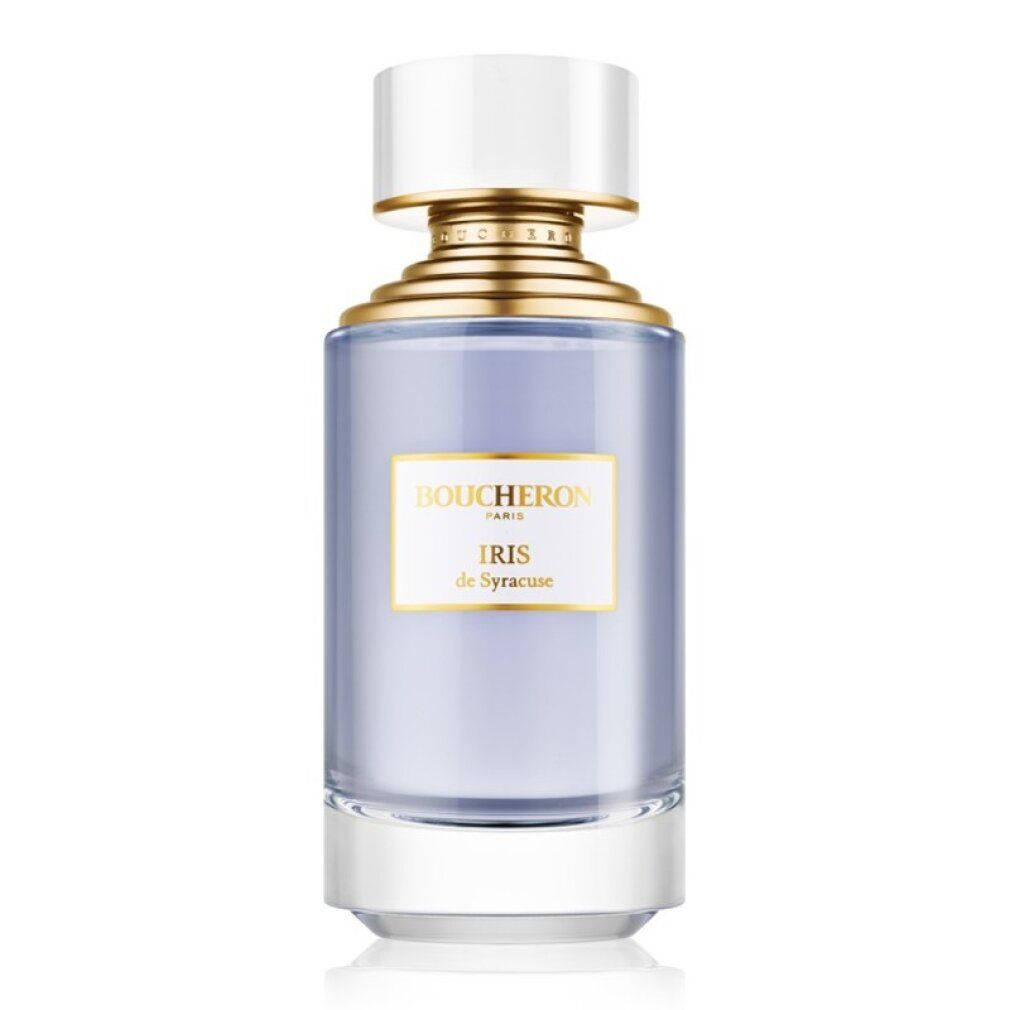 Parfümflasche mit goldfarbenem Verschluss, hellblauer Flüssigkeit. Aufschrift: BOUCHERON PARIS, Iris de Syracuse.