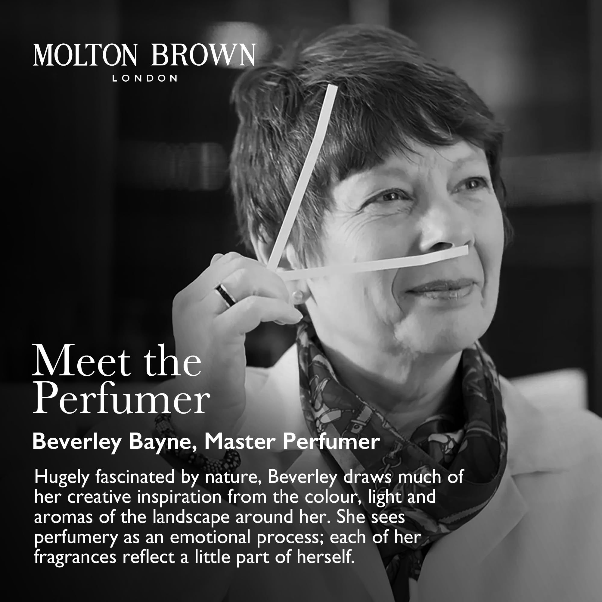 Schwarz-Weiß-Porträt einer Frau, die an einem Dufttest teilnimmt. Text: Meet the Perfumer, Beverley Bayne.