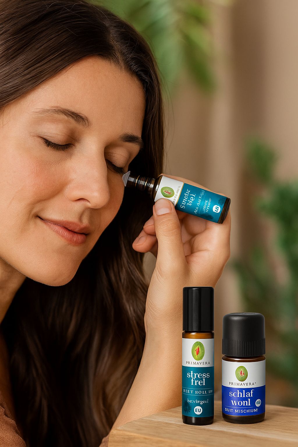 Frau hält Roll-On-Flasche am Auge. Zwei weitere Flaschen stehen davor. Beschriftung: Stress-frei, Schlaf wohl. PRIMAVERA Logo.