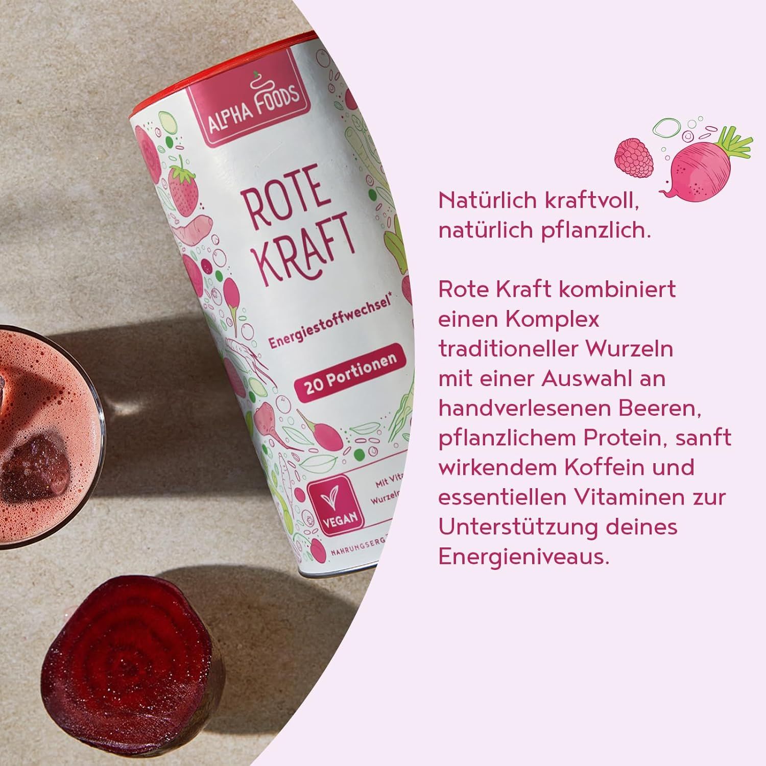 Dose Alpha Foods Rote Kraft. Text: Rote Kraft, 20 Portionen, vegan. Illustrationen von Beeren und Rote Bete.