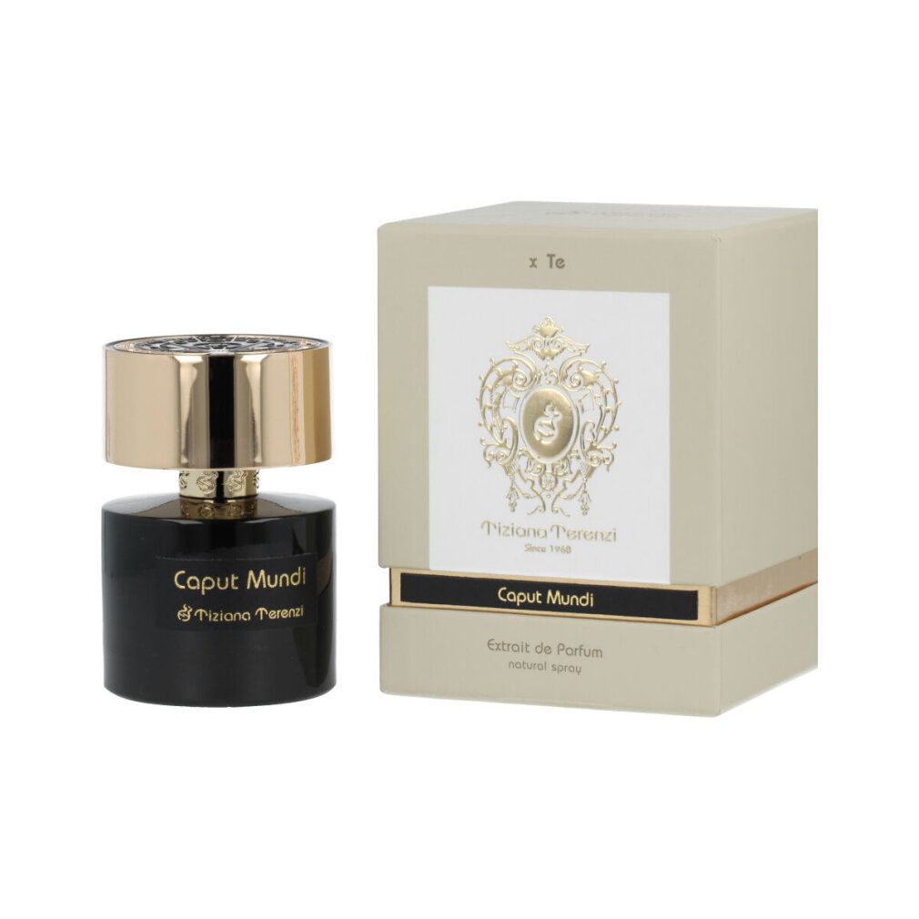 Schwarzer Flakon und Verpackung. Aufschrift: Caput Mundi, Tiziana Terenzi. Goldfarbene Details. Extrait de Parfum.