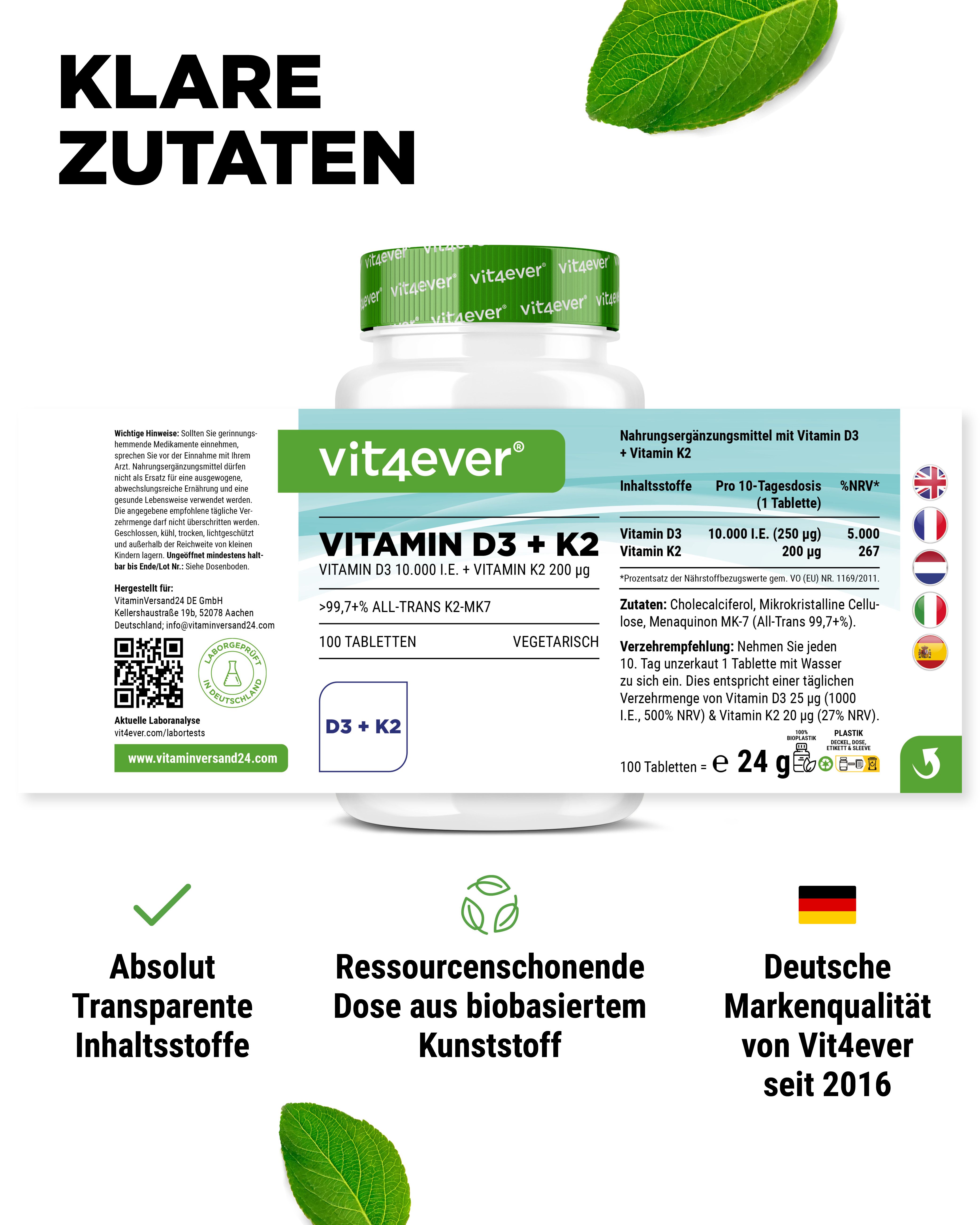 Weiße Tablettenflasche mit grünem Deckel. Aufschrift: Vitamin D3 + K2. Enthält 100 Tabletten. Marke: vit4ever. Informationen zur Dosierung.