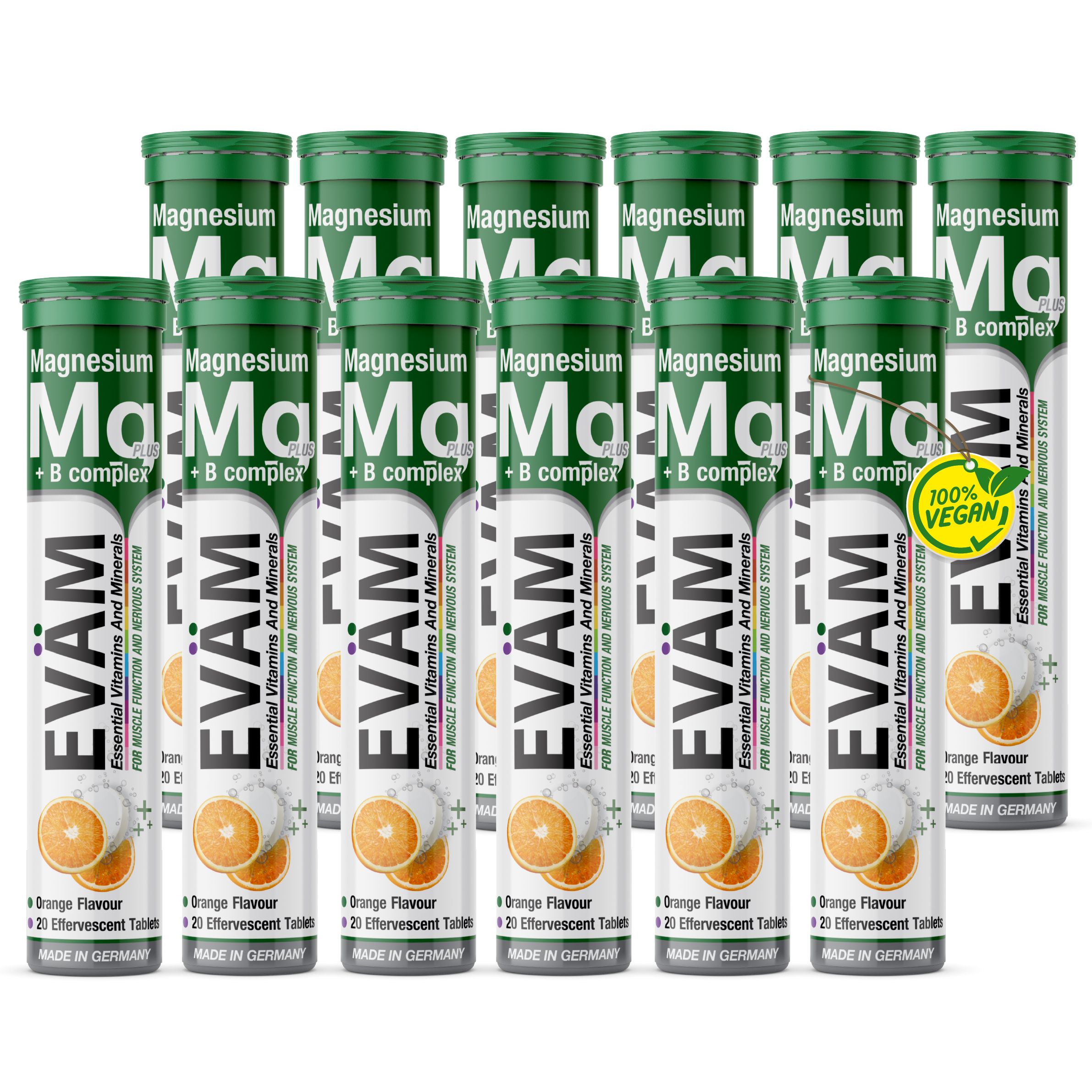 Mehrere Tuben EVÄM Magnesium + B Komplex Brausetabletten. Grün-weiße Verpackung, orangefarbene Illustrationen. 100% vegan.