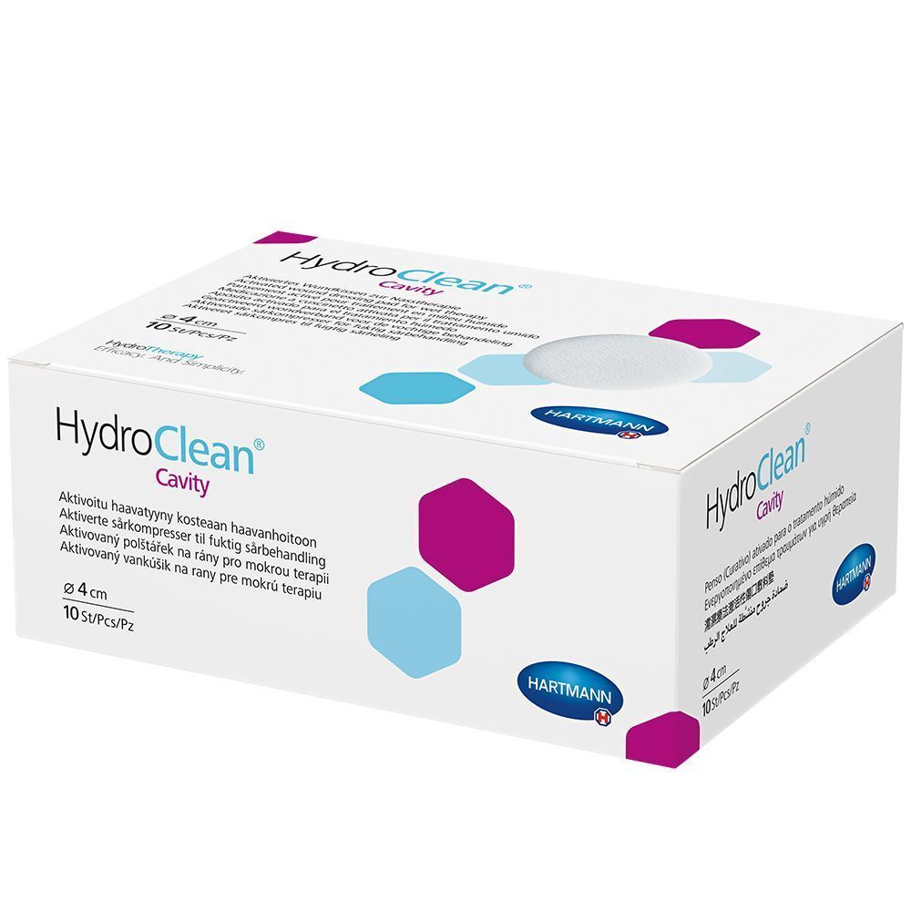 Weißer Karton mit Produktnamen HydroClean Cavity. Enthält 10 Stück, 4 cm Durchmesser. Marke Hartmann.