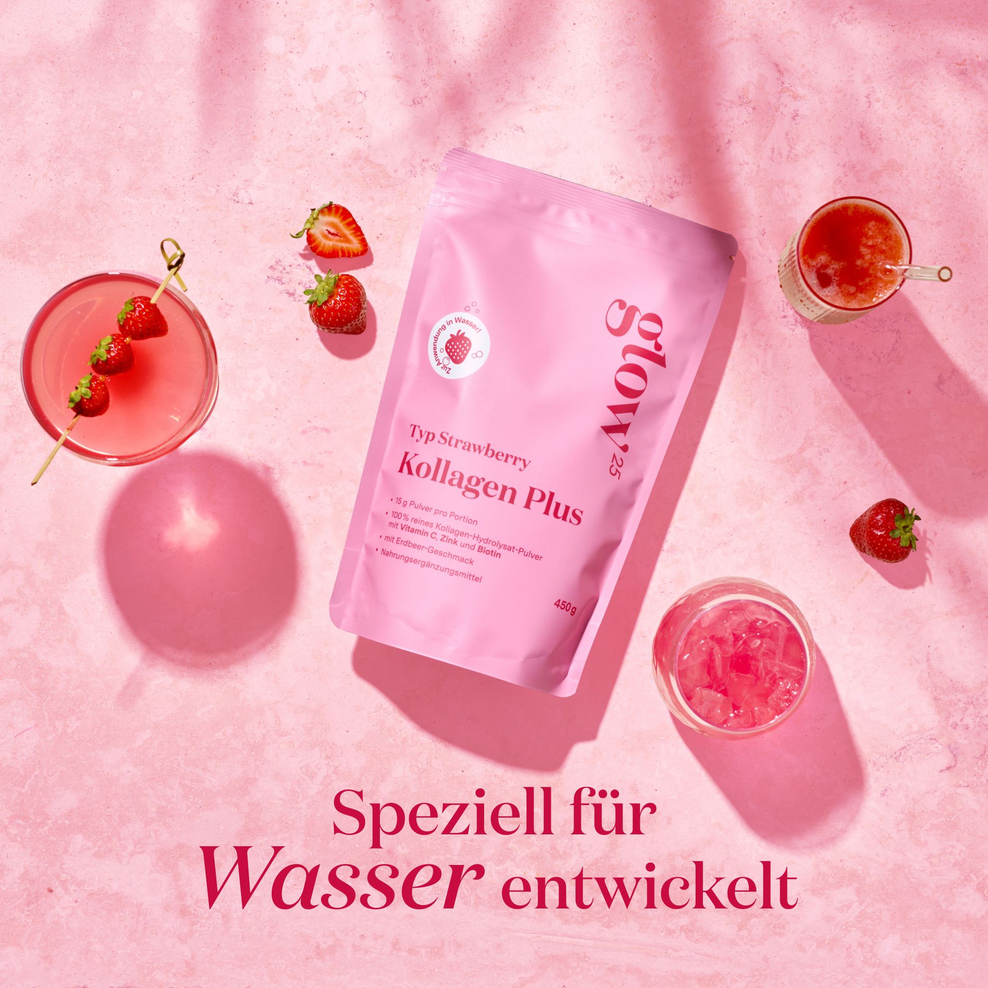 Glow25 Kollagen Plus Typ Strawberry, Beutel und Getränke. Erdbeeren. Text: Speziell für Wasser entwickelt.