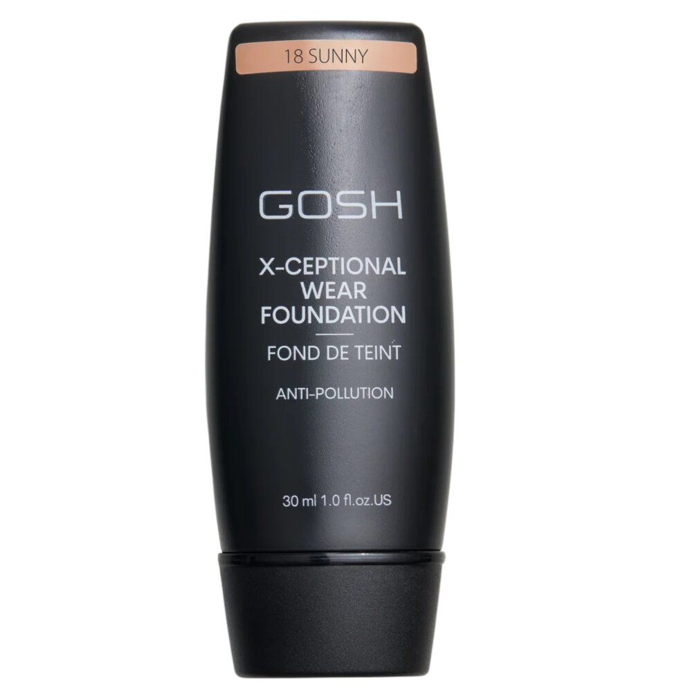Schwarze Tube GOSH X-Ceptional Wear Foundation. Farbton 18 Sunny. Text in Englisch. 30 ml.