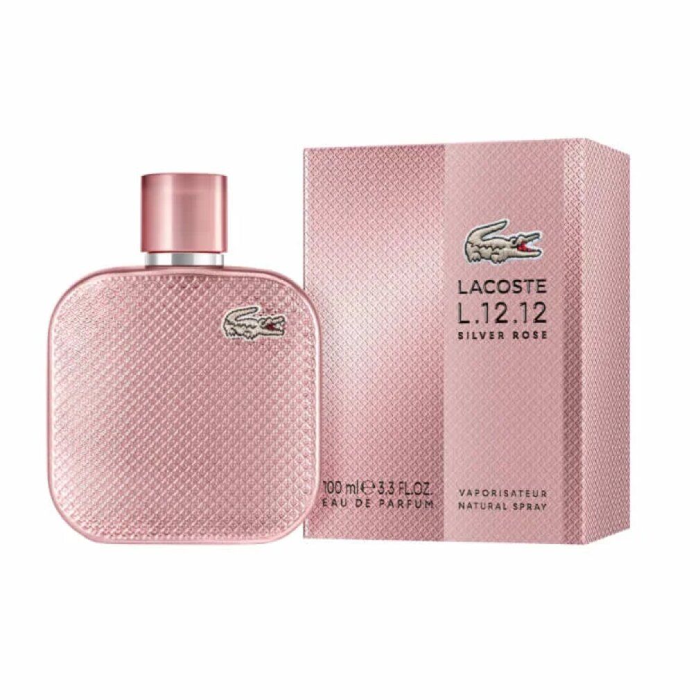 Flakon und Verpackung. Rosa Flakon mit geprägter Oberfläche, Krokodil-Logo. Verpackung mit Produktnamen und Logo. LACOSTE L.12.12 Silver Rose.