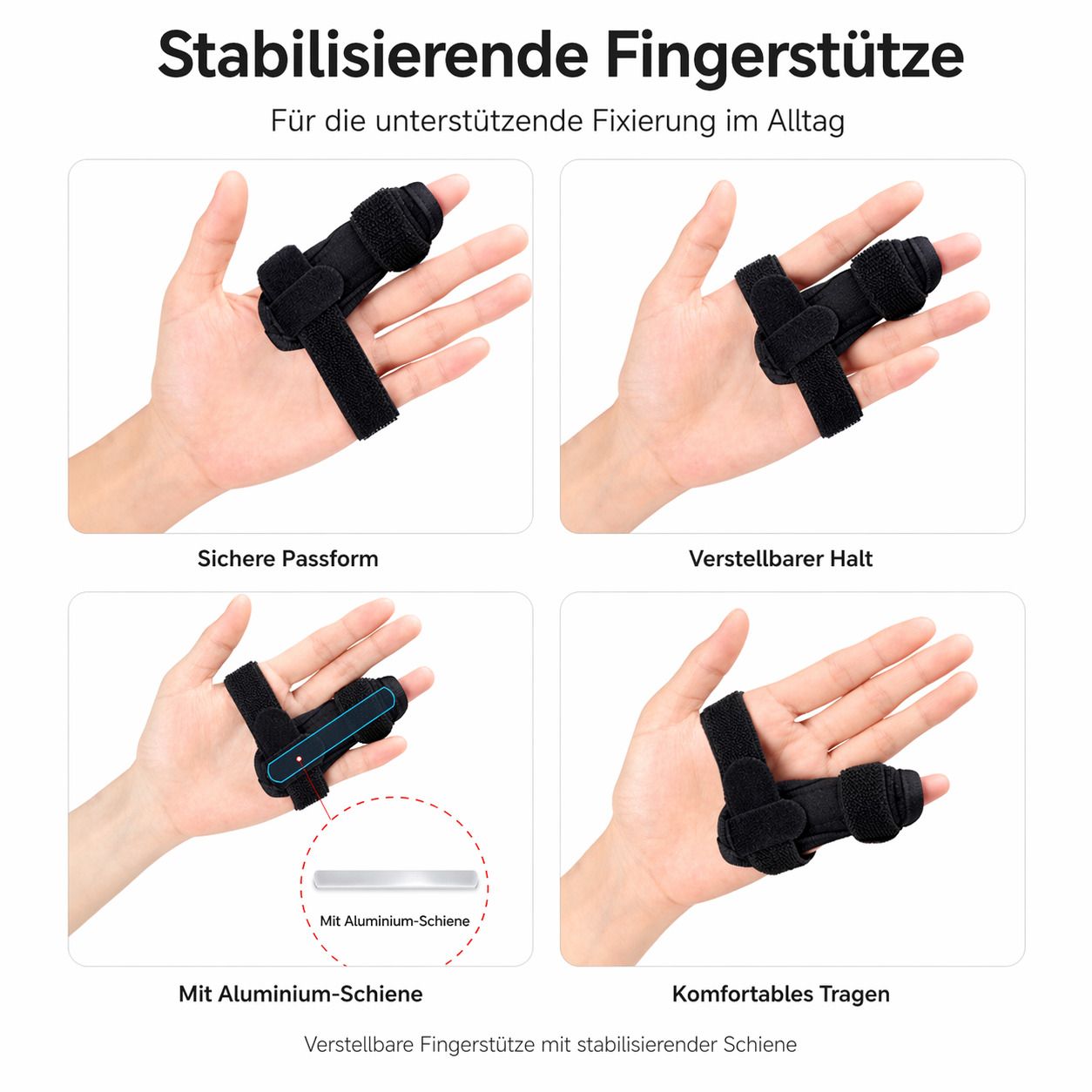 Verschiedene Ansichten der Fingerbandage am Finger. Mit Aluminium-Schiene. Sicherer Halt, verstellbar, komfortabel.