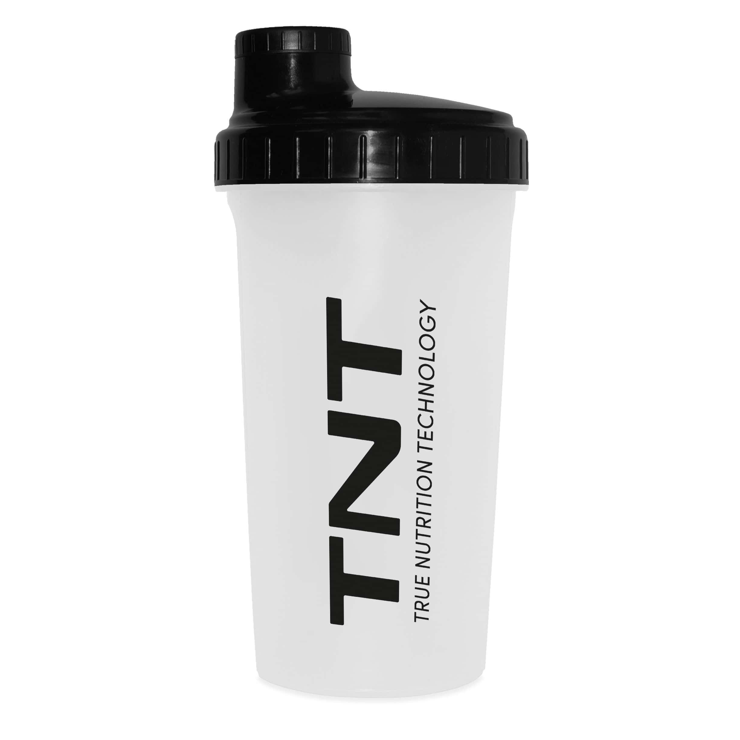 Weißer Shaker mit schwarzem Schraubverschluss. Aufdruck: TNT, True Nutrition Technology.