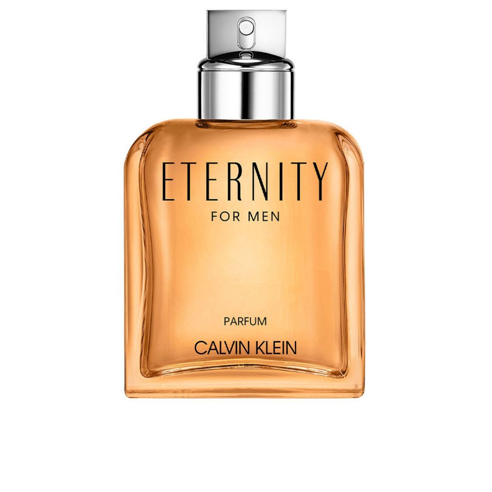 Parfümflakon mit silbernem Verschluss. Aufschrift: Eternity for Men, Parfum, Calvin Klein.