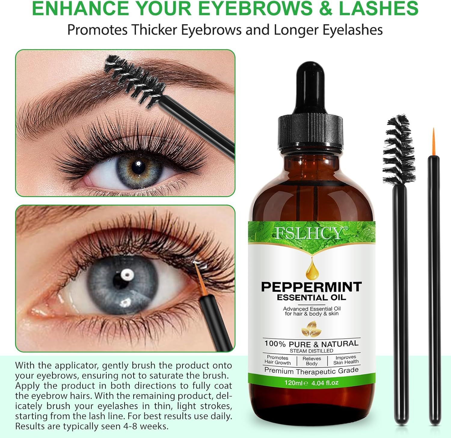 Braune Flasche mit Pipette und Applikatoren. Text: 'Verbessern Sie Ihre Augenbrauen & Wimpern'. Augen- und Wimpernabbildungen.