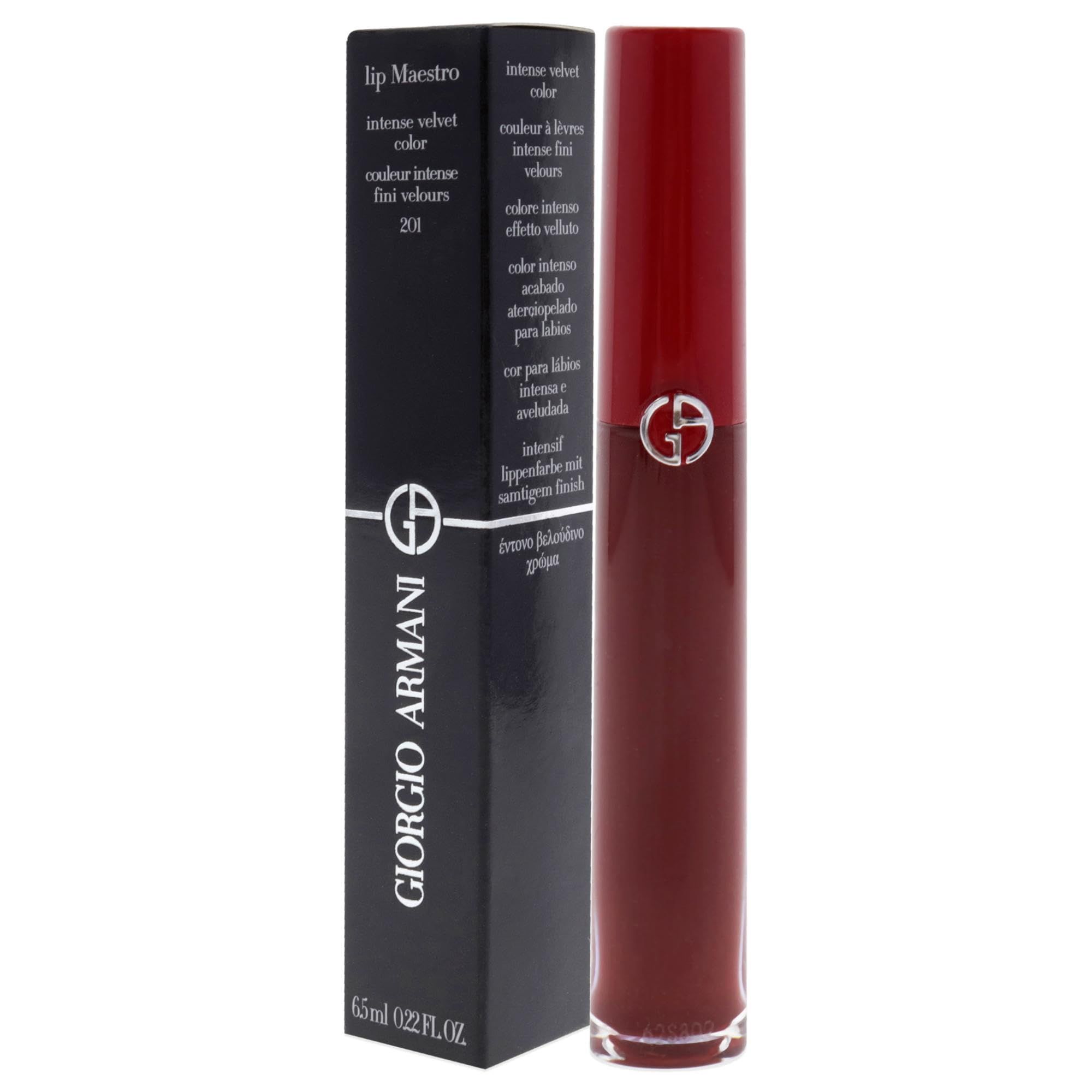 Giorgio Armani Lip Maestro Lippenstift und Verpackung. Schwarze Verpackung mit Produktbezeichnung und Markenlogo.