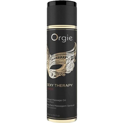 Schwarze Flasche mit goldener Verzierung. Aufschrift "Orgie", "Sexy Therapy Amor" und Masken-Design. Text in Englisch und Portugiesisch.