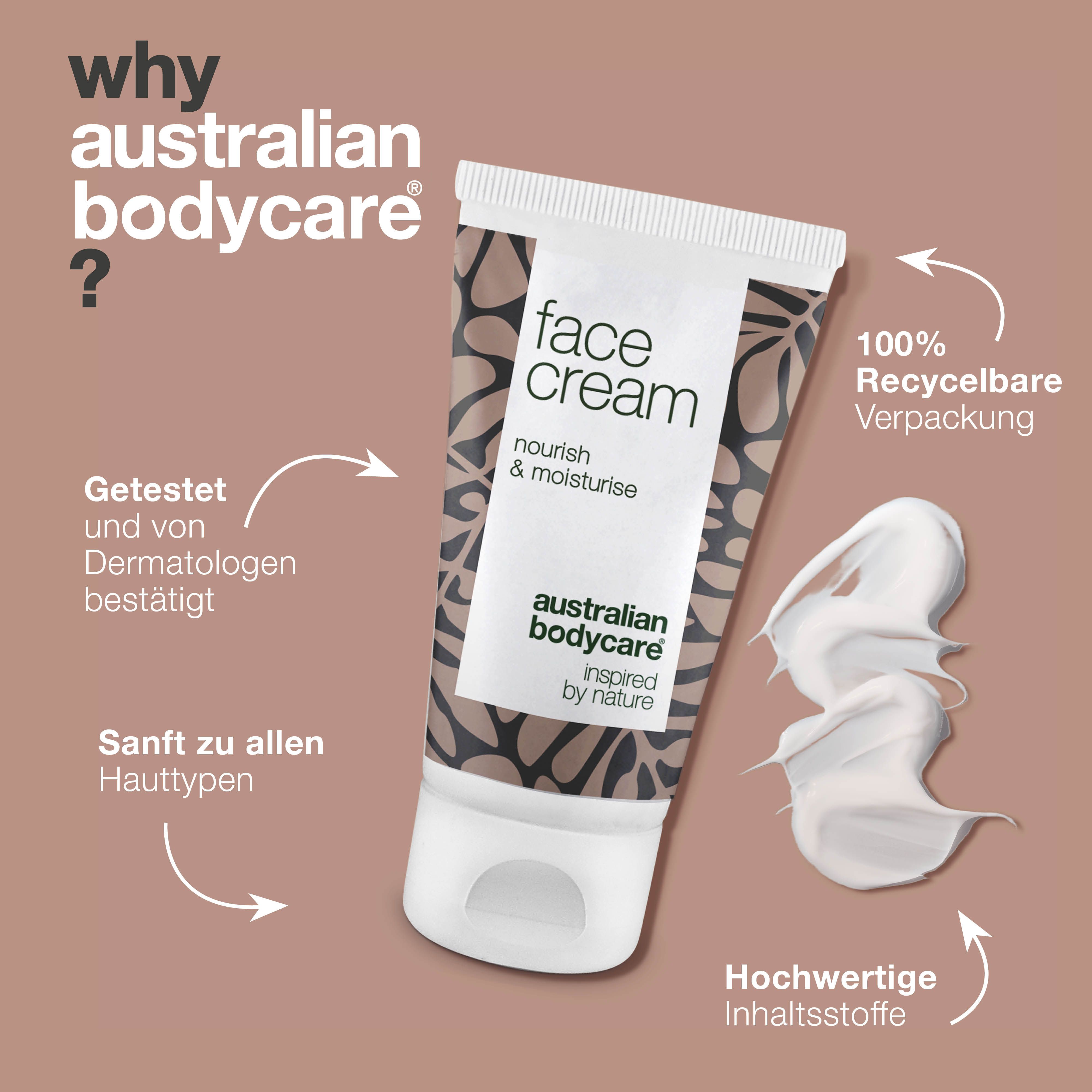 Tube mit Aufschrift: face cream. Marke: Australian Bodycare. Text: Warum Australian Bodycare?
