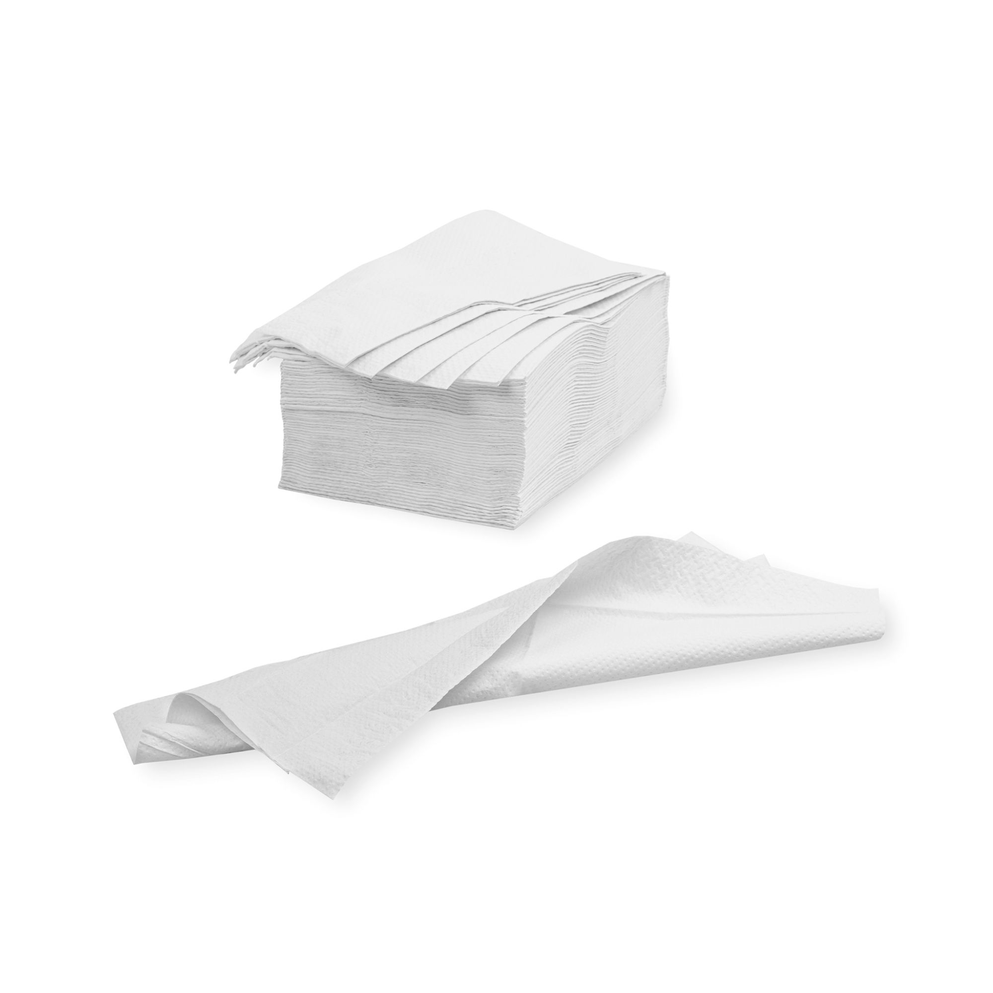 Weiße Wischtücher, gefaltet und gestapelt. Ein Tuch ist ausgebreitet.